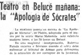 Teatro en Belucé mañana la "Apología de Sócrates". Teatro en Belucé mañana la "Apología de Sócrates".