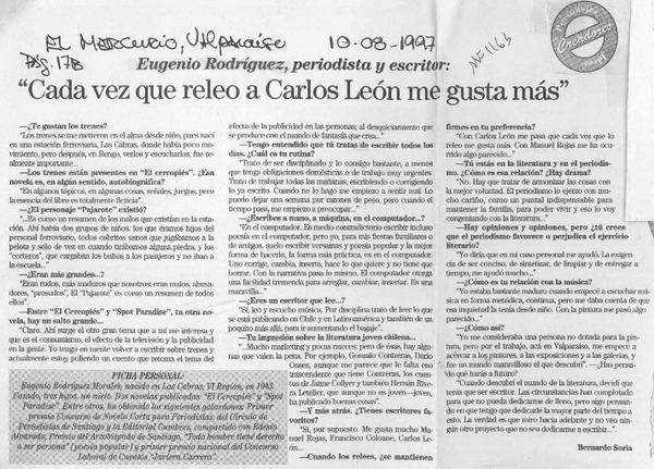 "Cada vez que releo a Carlos León me gusta más"  [artículo] Bernando Soria.