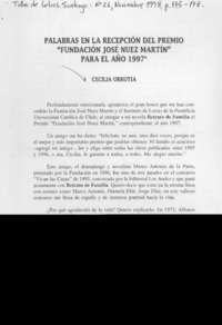 Palabras en la recepción del Premio "Fundación José Nuez Martín" para el año 1997  [artículo] Cecilia Urrutia.