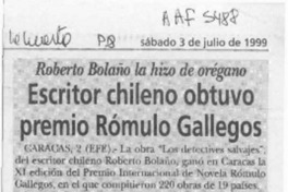 Escritor chileno obtuvo premio Rómulo Gallegos  [artículo].