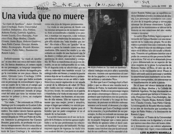 Una viuda que no muere  [artículo] Luis Alberto Mansilla.