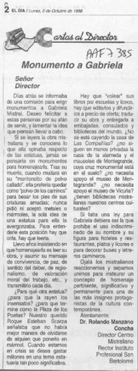 Monumento a Gabriela  [artículo] Rolando Manzano Concha.
