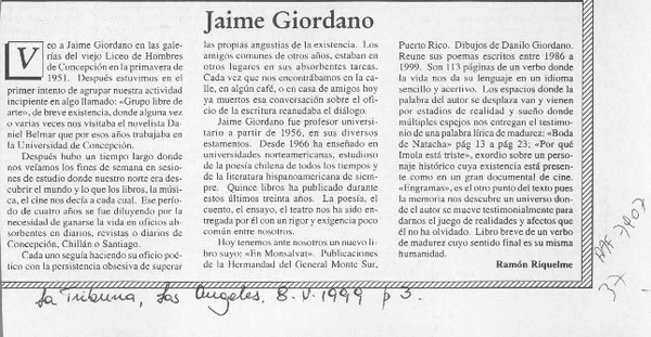 Jaime Giordano  [artículo] Ramón Riquelme.