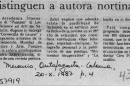 Distinguen a autora nortina  [artículo].