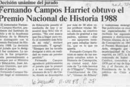 Fernando Campos Harriet obtuvo el Premio Nacional de Historia 1988  [artículo].