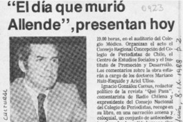 "El Día que murió Allende", presentan hoy "El Día que murió Allende", presentan hoy