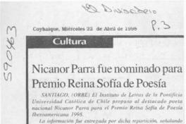 Nicanor Parra fue nominado para Premio Reina Sofía de Poesía  [artículo]