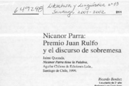 Nicanor Parra, Premio Juan Rulfo y el discurso de sobremesa  [artículo] Ricardo Benítez