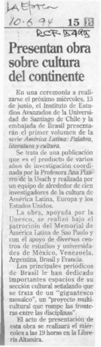 Presentan obra sobre cultura del continente  [artículo].