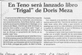 En Teno será lanzado libro "Trigal" de Doris Meza  [artículo].
