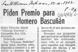 Piden premio para Homero Bascuñán.  [artículo] E. Olivos.