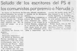 Saludo de los escritores del PS a los comunistas por premio a Neruda.