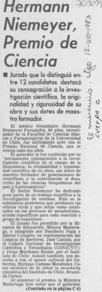 Hermann Niemeyer, premio de ciencia.