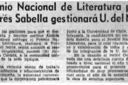 Premio Nacional de Literatura para Andrés sabella gestionará U. del Norte. Premio Nacional de Literatura para Andrés sabella gestionará U. del Norte.