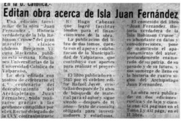 Editan obra acerca de Isla Juan Fernández. Editan obra acerca de Isla Juan Fernández.