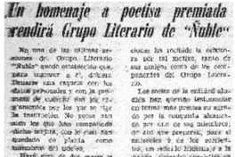 Un homenaje a poetisa premiada rendirá grupo literario de "Ñuble". Un homenaje a poetisa premiada rendirá grupo literario de "Ñuble".