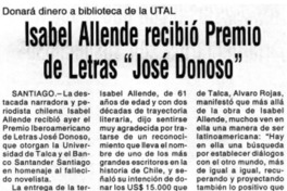 Isabel Allende recibió Premio de Letras José Donoso Isabel Allende recibió Premio de Letras José Donoso