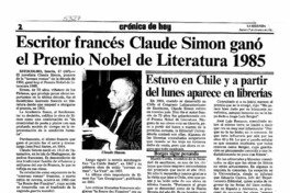 Escritor francés Claude Simon ganó el Premio Nobel de Literatura 1985. Escritor francés Claude Simon ganó el Premio Nobel de Literatura 1985.