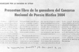 Presentan libro de la ganadora del Concurso Nacional de Poesía Mística 2004 Presentan libro de la ganadora del Concurso Nacional de Poesía Mística 2004