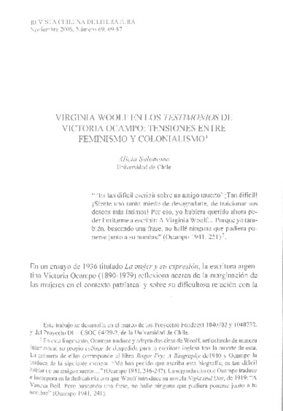 Virginia Woolf en Los testimonios de Victoria Ocampo: tensiones entre feminismo y colonialismo