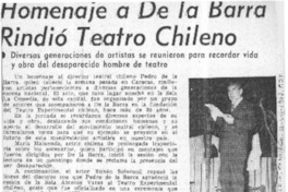 Homenaje a De la Barra rindió teatro chileno.  [artículo]