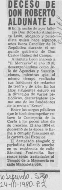 Deceso de don Roberto Aldunate L. Deceso de don Roberto Aldunate L.