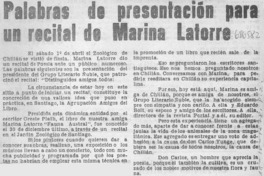 Palabras de presentación para un recital de Marina Latorre. Palabras de presentación para un recital de Marina Latorre.