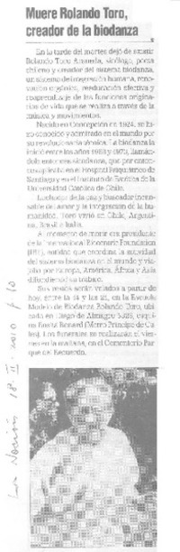 Muere Rolando Toro, creador de la biodanza  [artículo].