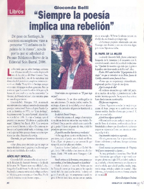 "Siempre la poesía implica una rebelión" (entrevista)  [artículo] Mario Rodríguez Órdenes.