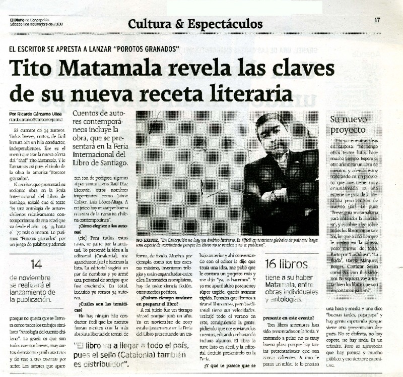 Tito Matamala revela las claves de su nueva receta literaria [entrevista]  [artículo] Ricardo Cárcamo Ulloa.