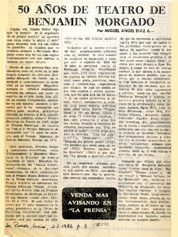 Los 50 años de teatro de Benjamín Morgado  [artículo] Miguel Angel Díaz A.
