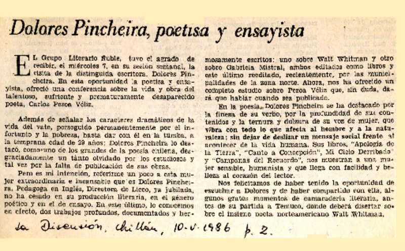 Dolores Pincheira, poetisa y ensayista.  [artículo].