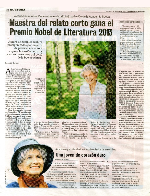 Maestra del relato corto gana el Premio Nobel de Literartura 2013  [artículo] Rodrigo Castillo