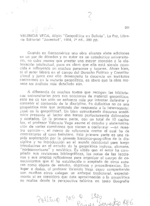 Valencia Vega, Alipio "Geopolítica en Bolivia"  [artículo] Hernán Santis Arenas.