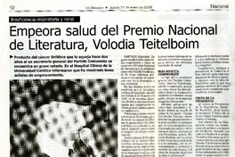 Empeora salud del Premio Nacional de Literatura, Volodia Teitelboim  [artículo].