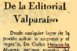 De la editorial Valparaíso  [artículo] Carlos Figueroa.