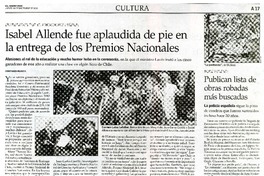 Isabel Allende fue aplaudida de pie en la entrega de los Premios Nacionales  [artículo] Constanza Rojas V.