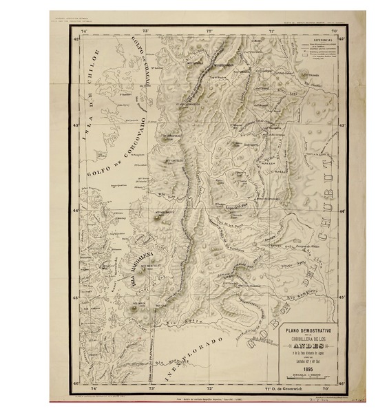 Plano demostrativo de la cordillera de Los Andes y de la línea divisioria de aguas antre las latitudes 42° y 46° sud Plano demostrativo de la cordillera de Los Andes y de la línea divisioria de aguas antre las latitudes 42° y 46° sud