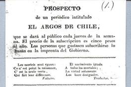 Prospecto de un periódico titulado El Argos de Chile Prospecto de un periódico titulado El Argos de Chile
