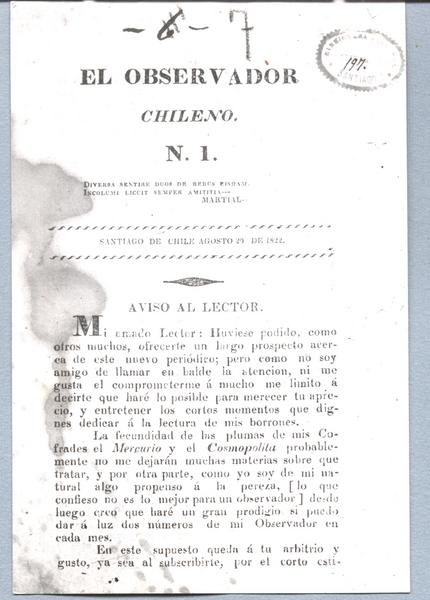 El Observador Chileno N. 1. Aviso al lector