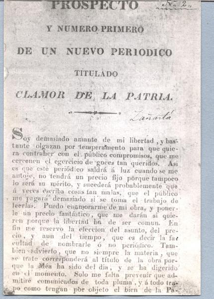 Prospecto y número primero de un nuevo periódico titulado Clamor de la Patria