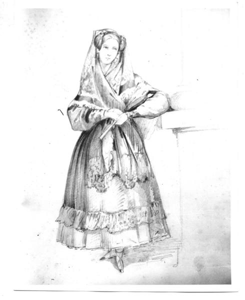 [Carmen Arriagada, dama talquina, de traje y mantilla de misa, dibujo de retrato de cuerpo entero]