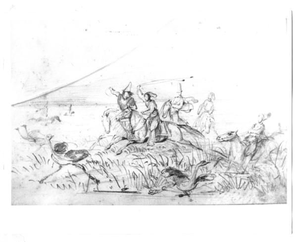 [Escena de cacería de aves por grupo de hombres montados a caballo, dibujo]