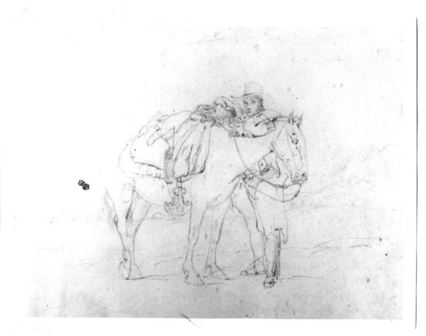 [Campesino ensillando su caballo, dibujo]