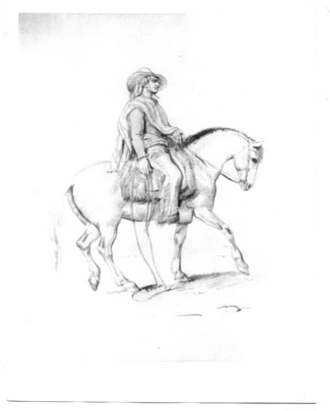 [Arriero o campesino montado a caballo, dibujo]