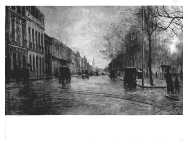 [Calle Alameda en un día de lluvia, pintura titulada "Alameda de las Delicias"]