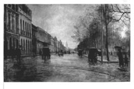 [Calle Alameda en un día de lluvia, pintura titulada "Alameda de las Delicias"]