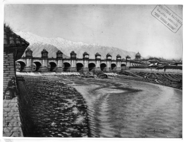 [Puente de Cal y Canto y el tajamar, vista panorámica con el río]