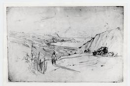 [Dibujo de la vista de un puerto, con el camino por la ladera de un cerro, con carretas y unos campesinos caminando]