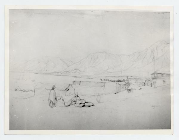 Dibujo de un puerto, una calle con casas, con un hombre, y de fondo la  cordillera] [fotografía]. - Biblioteca Nacional Digital de Chile